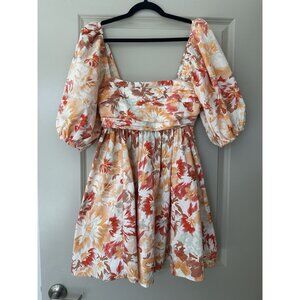 Abercrombie NWOT Emerson Mini Dress Orange Fall Print Size Small Puff Sleeve